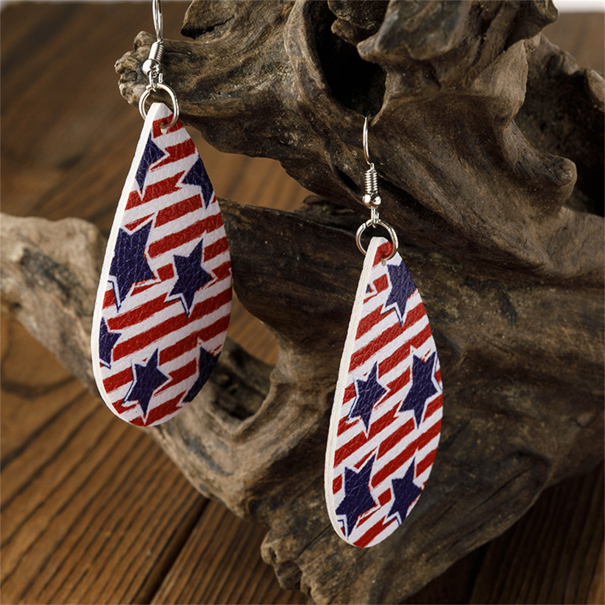 White & Red Polystyrene Starry Stripes Teardrop Drop Earrings