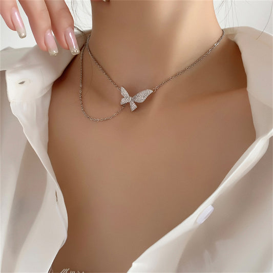 Cubic Zirconia and Silver-Plated Pavé Butterfly Choker Necklace, silver pendant necklace for women, front view