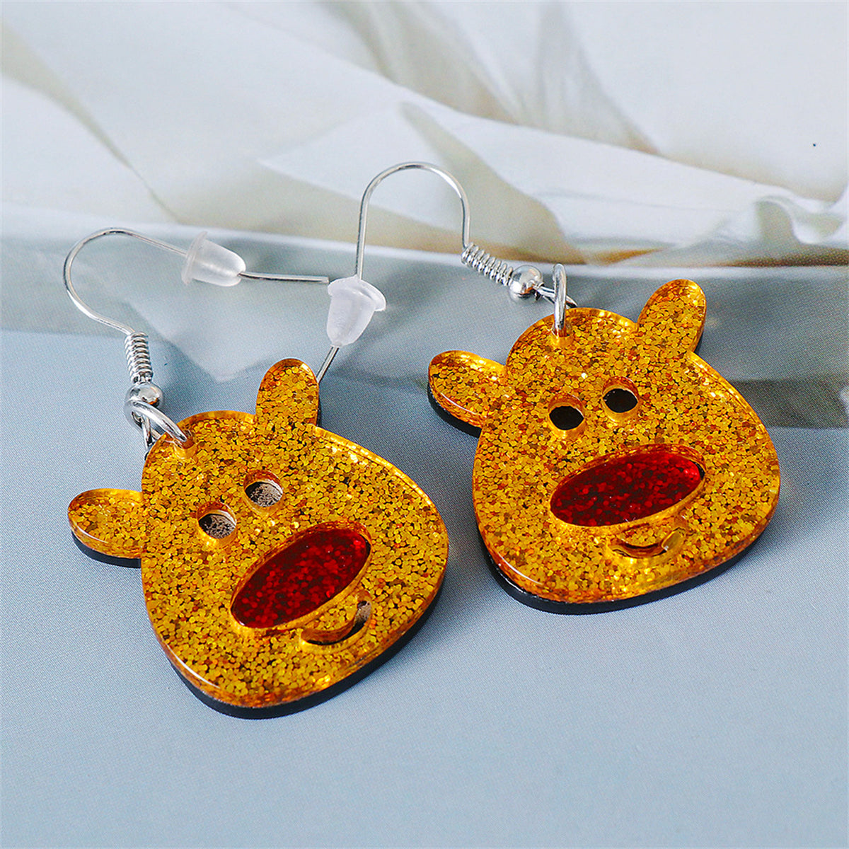 Yellow and Red Glitter Reindeer Face Drop Earrings, drop earrings for women, elegant gift for her, side view
