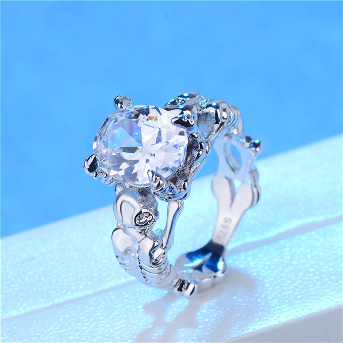 Crystal and Silver-Plated Ornate Oval-Cut Prong-Set Ring, silver statement rings for women, detail close-up