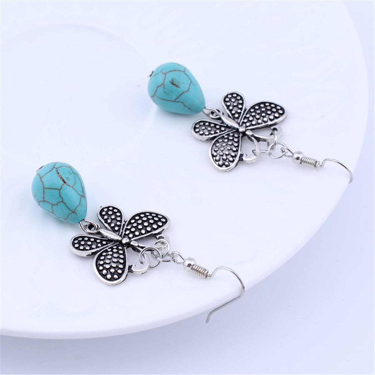 Turquoise & Silver-Plated Butterfly Drop Earrings
