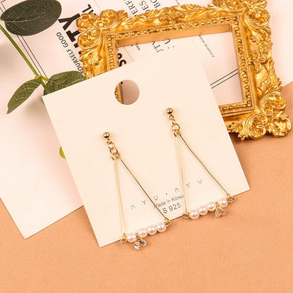 Pearl and 18K Gold-Plated Charm Open Triangle Drop Earrings, gold drop earrings for women, everyday style, detail close-up