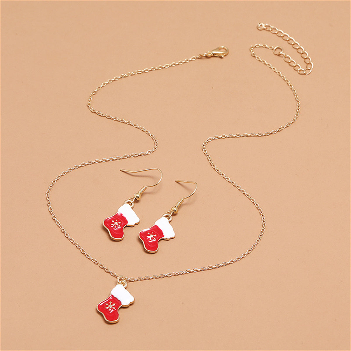 Red Enamel and 18K Gold-Plated Boots Pendant Necklace Set, gold drop earrings for women, vintage-inspired design, styled look