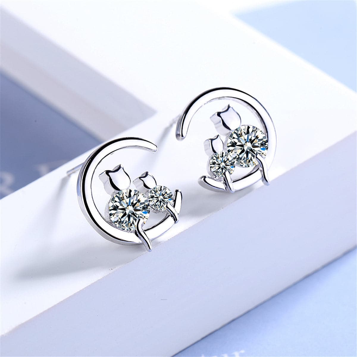 Cubic Zirconia & Silver-Plated Cat & Moon Stud Earrings
