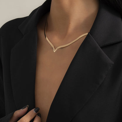 18K Gold-Plated Snake Chain V Necklace, chunky gold choker necklace, botanical inspired, side view