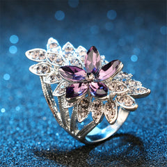 Purple Crystal & Cubic Zirconia Flower Cluster Band Ring