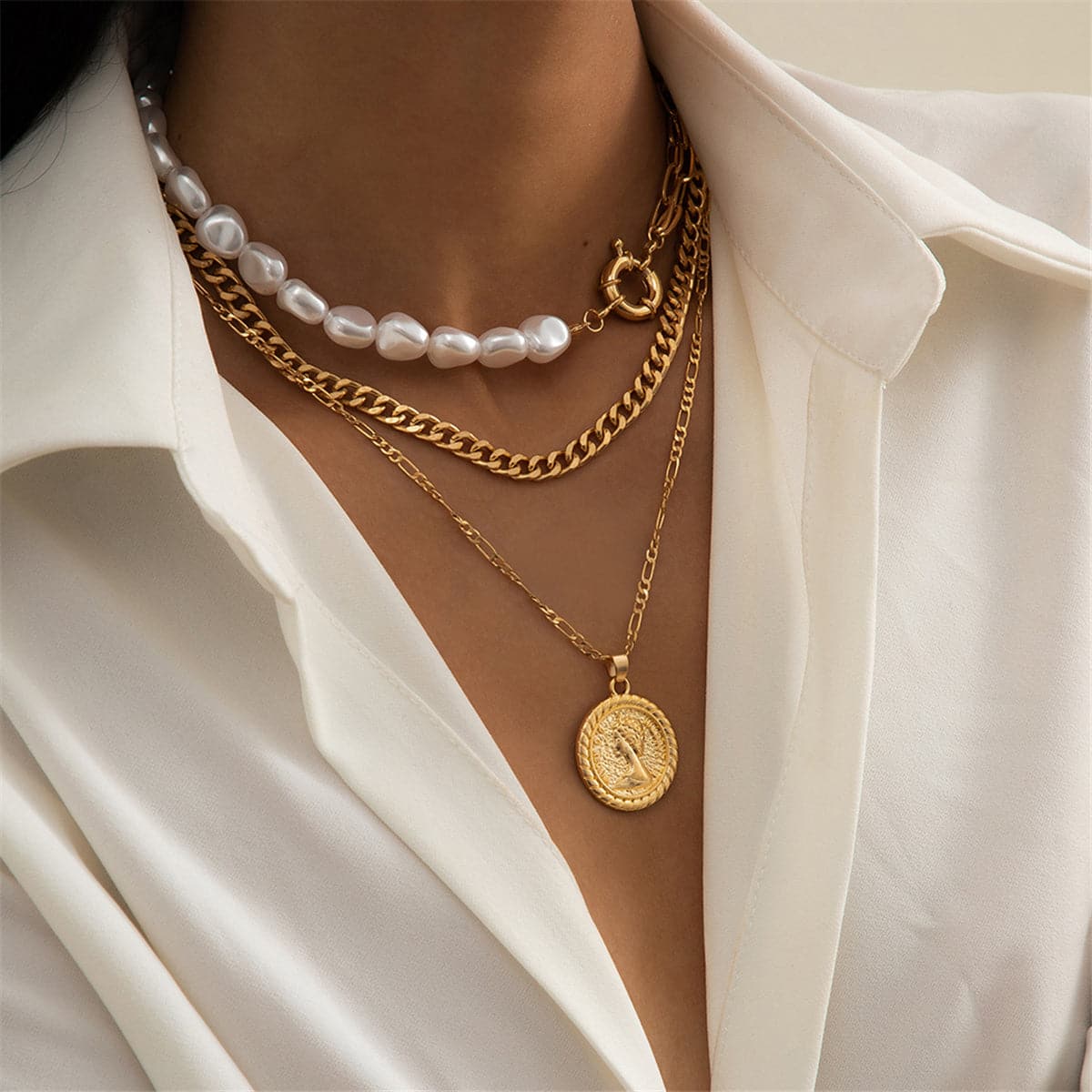 Pearl & 18K Gold-Plated Coin Pendant Necklace Set