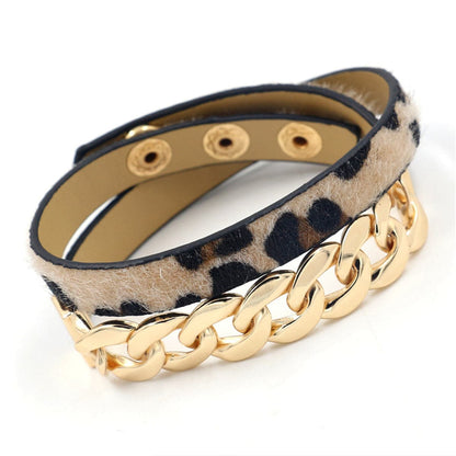 Brown Polyurethane and 18K Gold-Plated Leopard Print Chain Wrap Bracelet, gold bracelet for women, side view