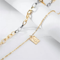 Cubic Zirconia & Two-Tone Cable Chain Card Pendant Layered Necklace