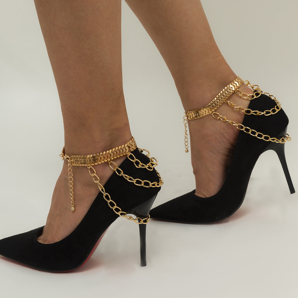 18K Gold-Plated Snake Chain Layered-Tassel Anklet, gold anklet bracelet, vintage-inspired design, front view