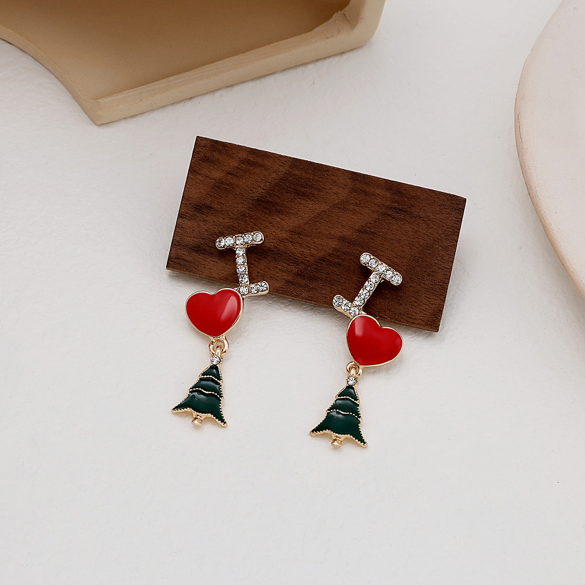 Cubic Zirconia and Enamel 18K Gold-Plated 'I Love Christmas Trees' Drop Earrings, gold drop earrings for..., detail close-up