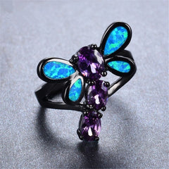 Blue Opal & Purple Crystal Dragonfly Openwork Ring - streetregion
