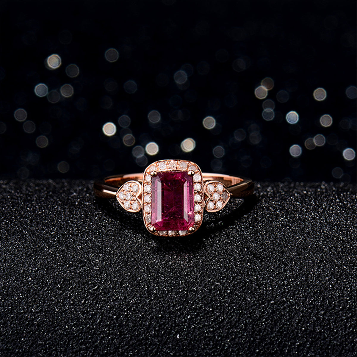 Red Cubic Zirconia and Crystal Heart Halo Ring, statement rings for women, botanical inspired, detail close-up