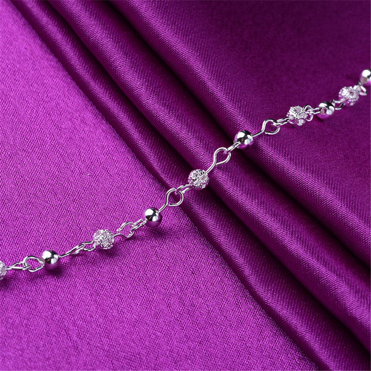 Silver-Plated Textured Bead Station Anklet