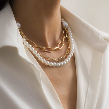 Pearl and 18K Gold-Plated Beaded Necklace Set, jewelry gift sets for women, elegant gift for her, side view