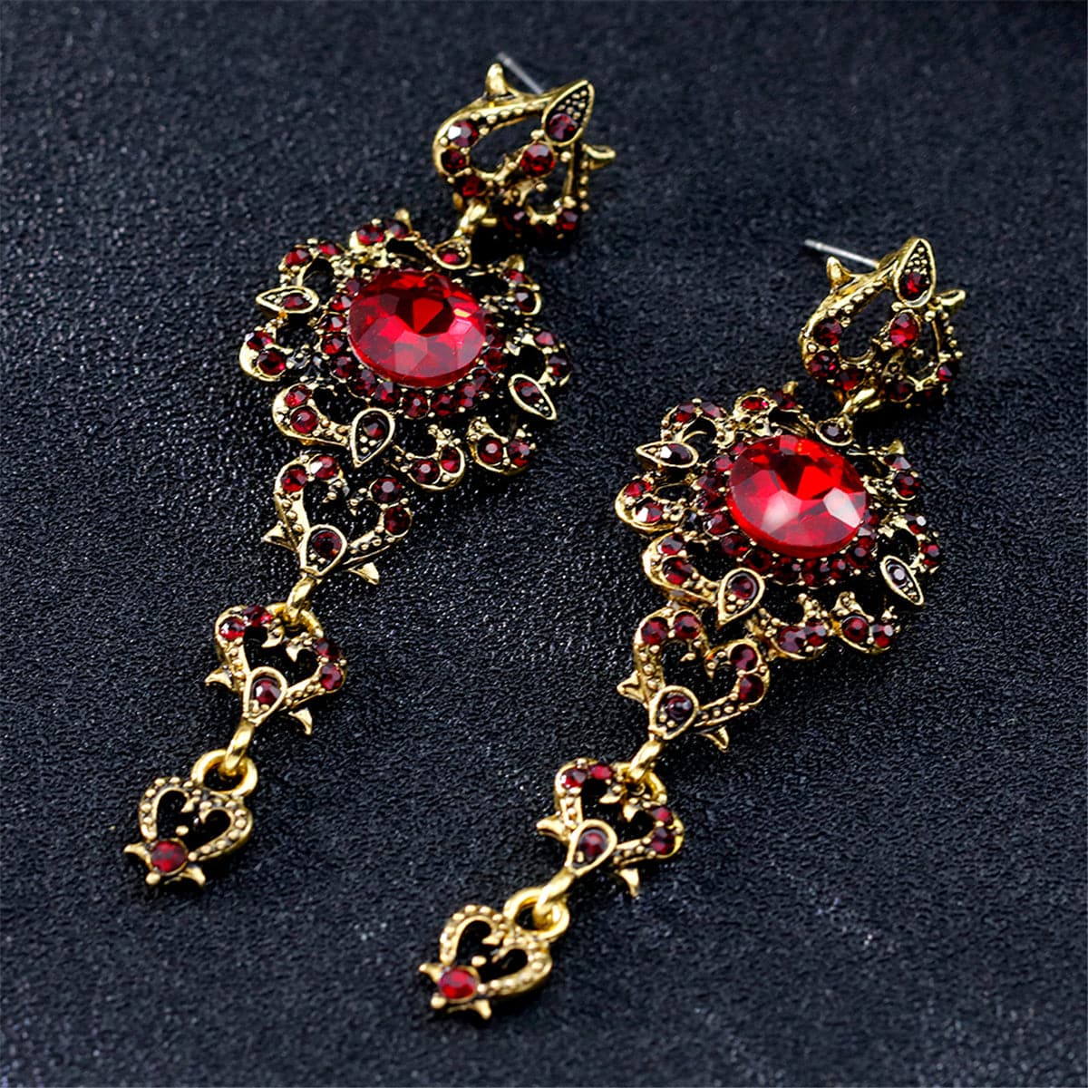 Red Crystal & Cubic Zirconia Flower Heart Drop Earrings