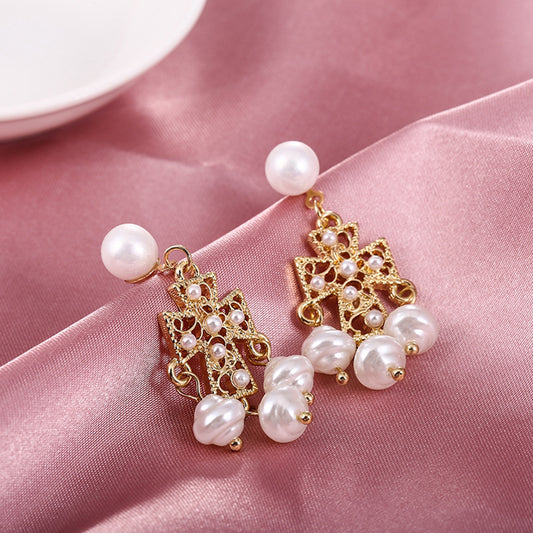 Pearl and 18K Gold-Plated Chandelier Drop Earrings, gold drop earrings for women, elegant gift for her, front view