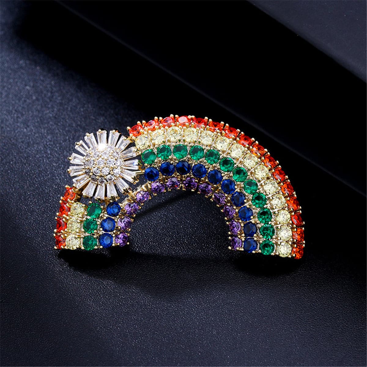 Cubic Zirconia & 18K Gold-Plated Rainbow & Sunflower Brooch