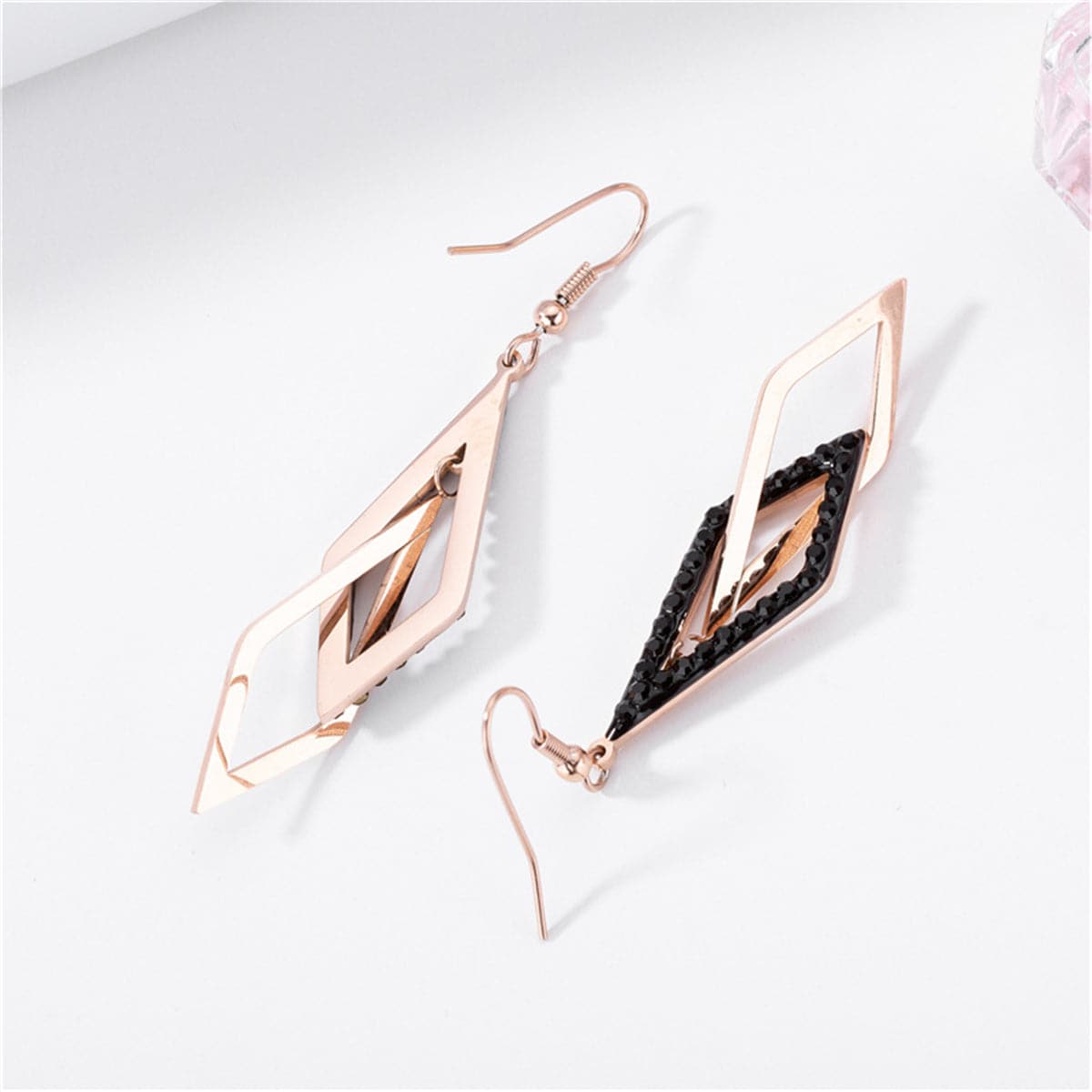 Black and 18K Rose Gold-Plated Crossing Rhombus Drop Earrings, rose gold drop earrings for women, lifestyle look