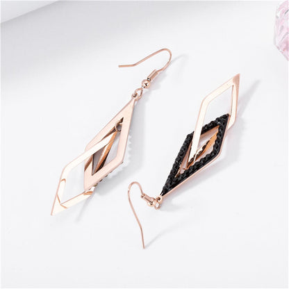 Black and 18K Rose Gold-Plated Crossing Rhombus Drop Earrings, rose gold drop earrings for women, lifestyle look