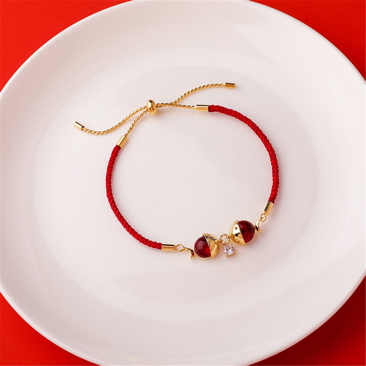 Red Crystal & Cubic Zirconia Fish Charm Adjustable Bracelet