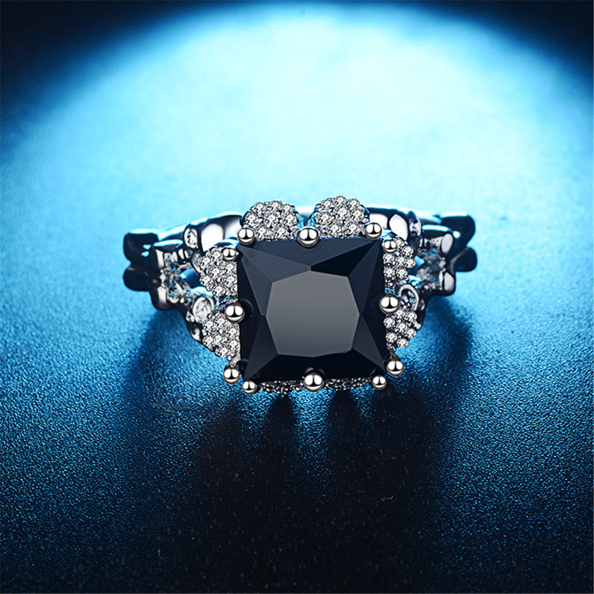 Black Crystal and Cubic Zirconia Skull Ring, statement rings for women, dainty minimalist design, front view