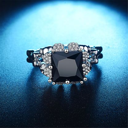 Black Crystal and Cubic Zirconia Skull Ring, statement rings for women, dainty minimalist design, front view