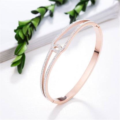 Cubic Zirconia and 18K Rose Gold-Plated Openwork Geometric Bangle, rose gold bangle bracelet, front view