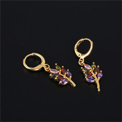 Multicolor Crystal and 18K Gold-Plated Salix Leaf Drop Earrings, gold drop earrings for women, detail close-up