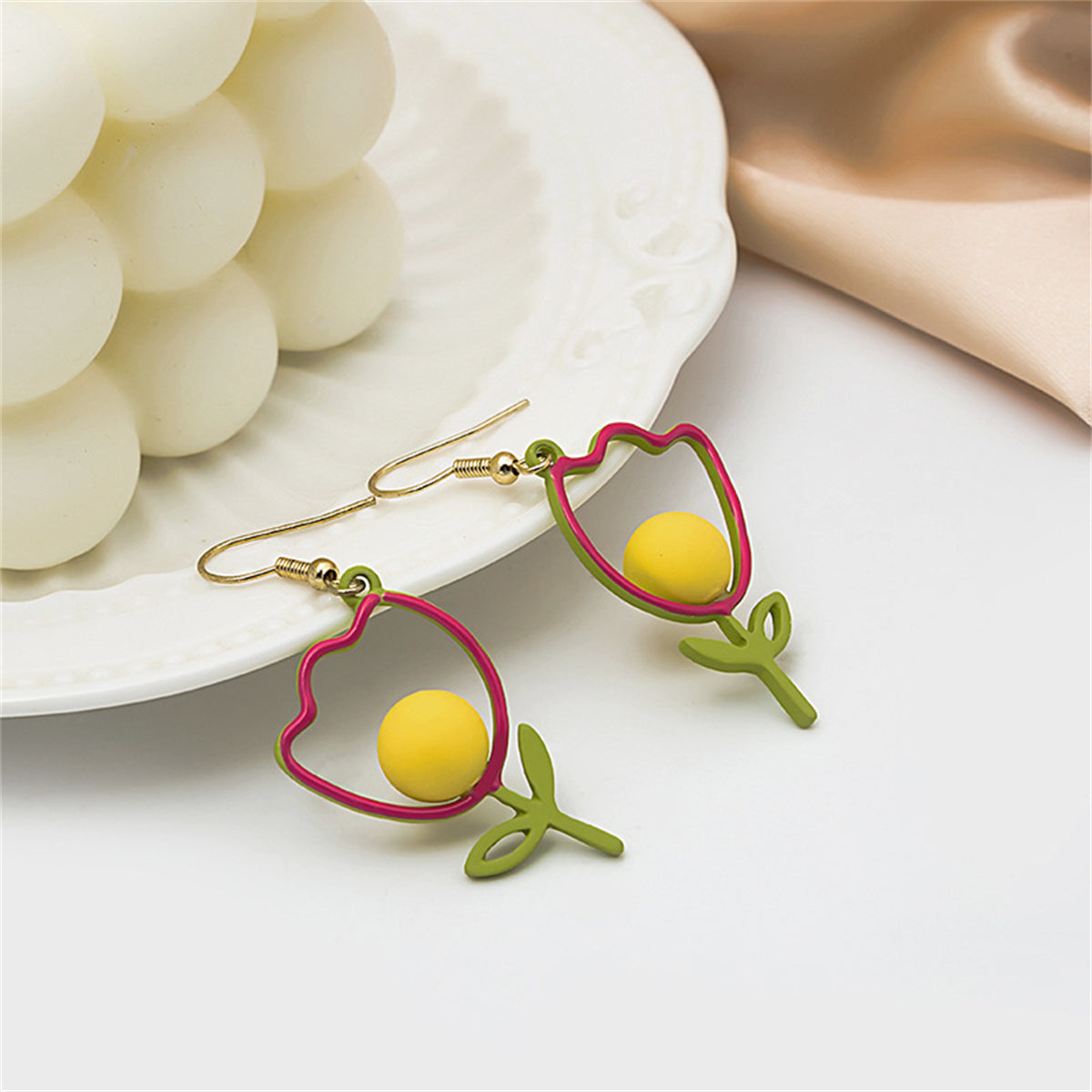 Yellow Enamel & 18K Gold-Plated Open Tulip Drop Earrings