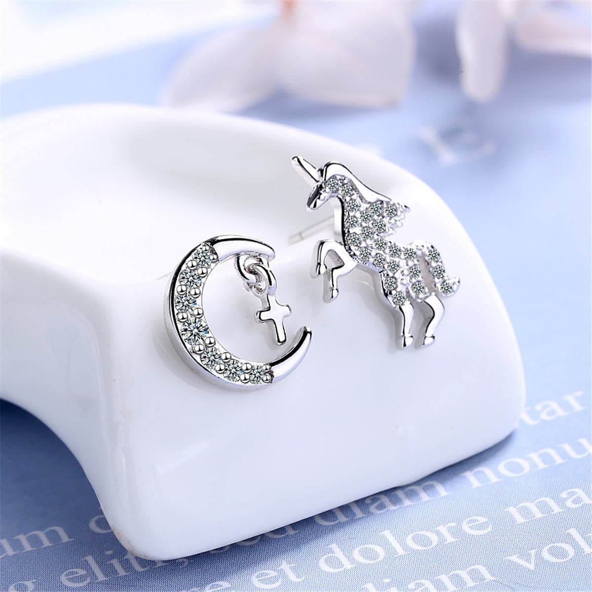 Cubic Zirconia & Silver-Plated Moon & Unicorn Stud Earrings