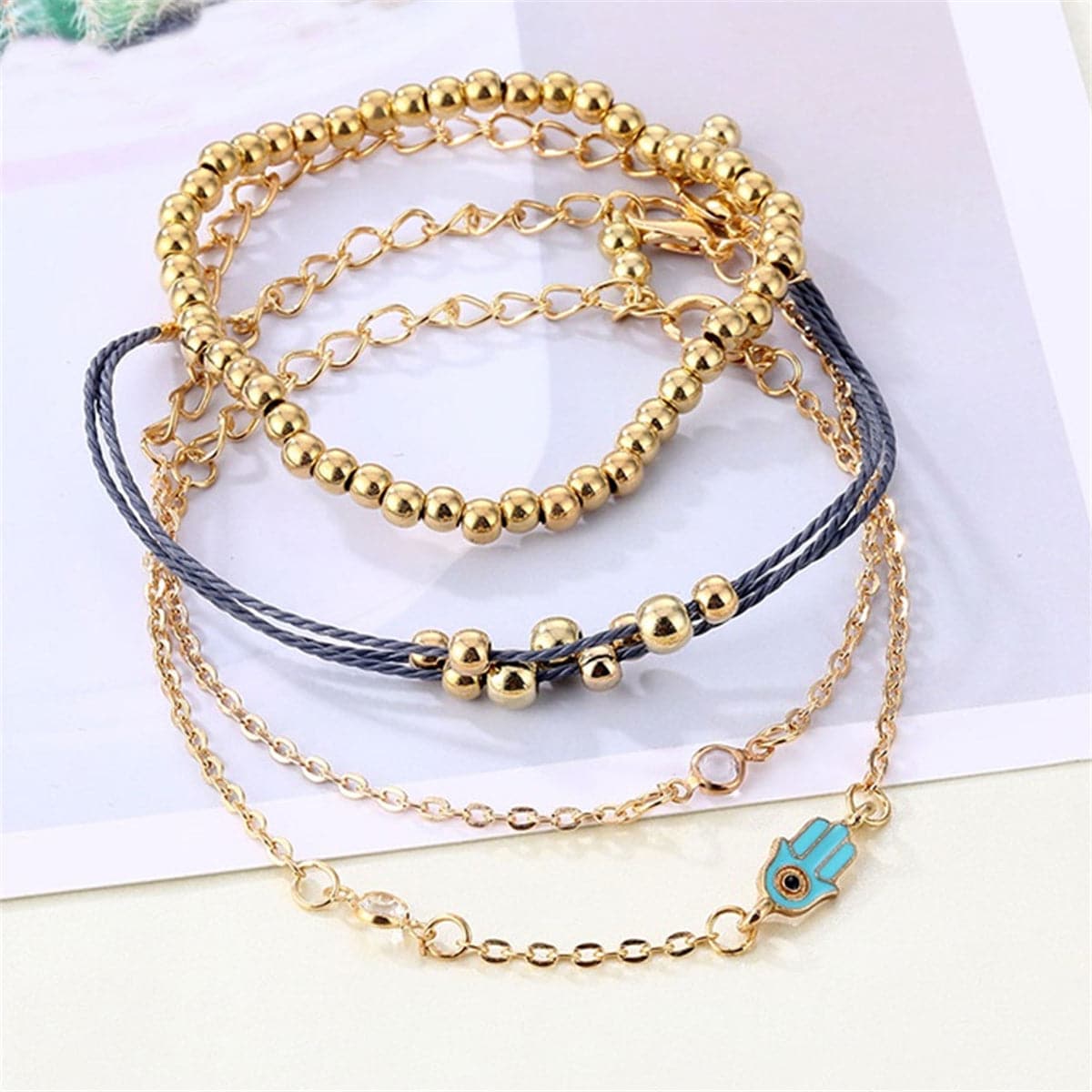 Cubic Zirconia & 18K Gold-Plated Bead Hamsa Bracelet Set