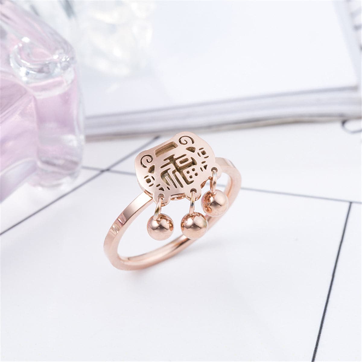 18K Rose Gold-Plated Lock Of Longevity Band Ring, rose gold statement rings for women, lifestyle look