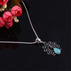 Turquoise & Cubic Zirconia Silver-Plated Peacock Pendant Necklace
