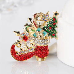 Cubic Zirconia & 18K Gold-Plated Boots & Christmas Tree Brooch