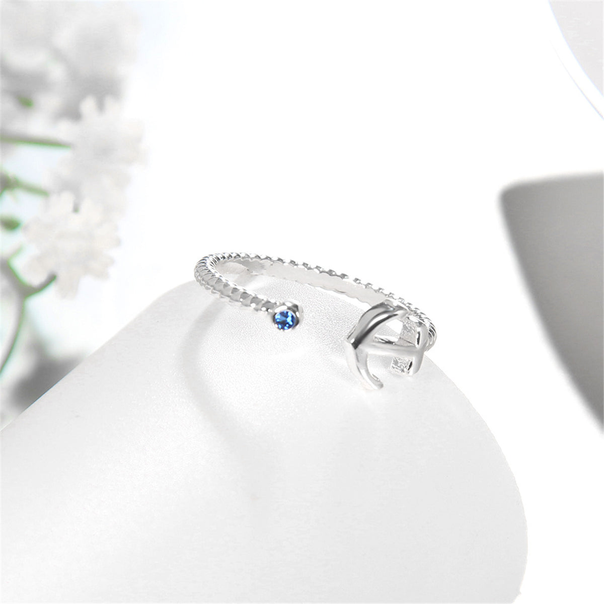 Blue Cubic Zirconia and Silver-Plated Anchor Open Ring, silver statement rings for women, vintage-inspired design, side view