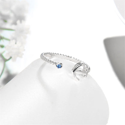 Blue Cubic Zirconia and Silver-Plated Anchor Open Ring, silver statement rings for women, vintage-inspired design, side view