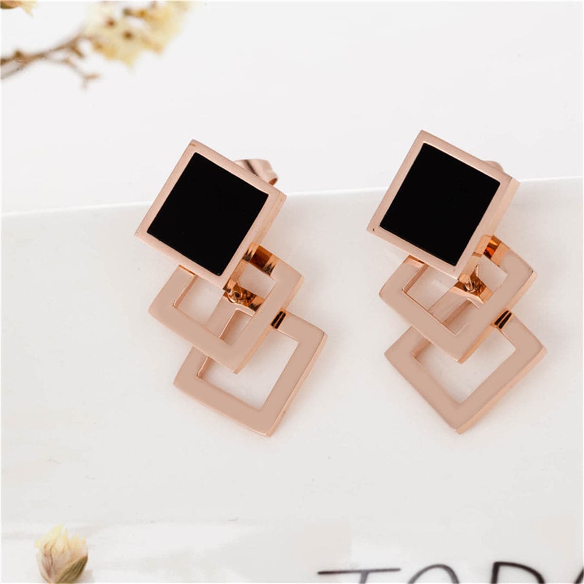 Black and 18K Rose Gold-Plated Overlapping Rhombus Stud Earrings, rose gold stud earrings for women, styled look