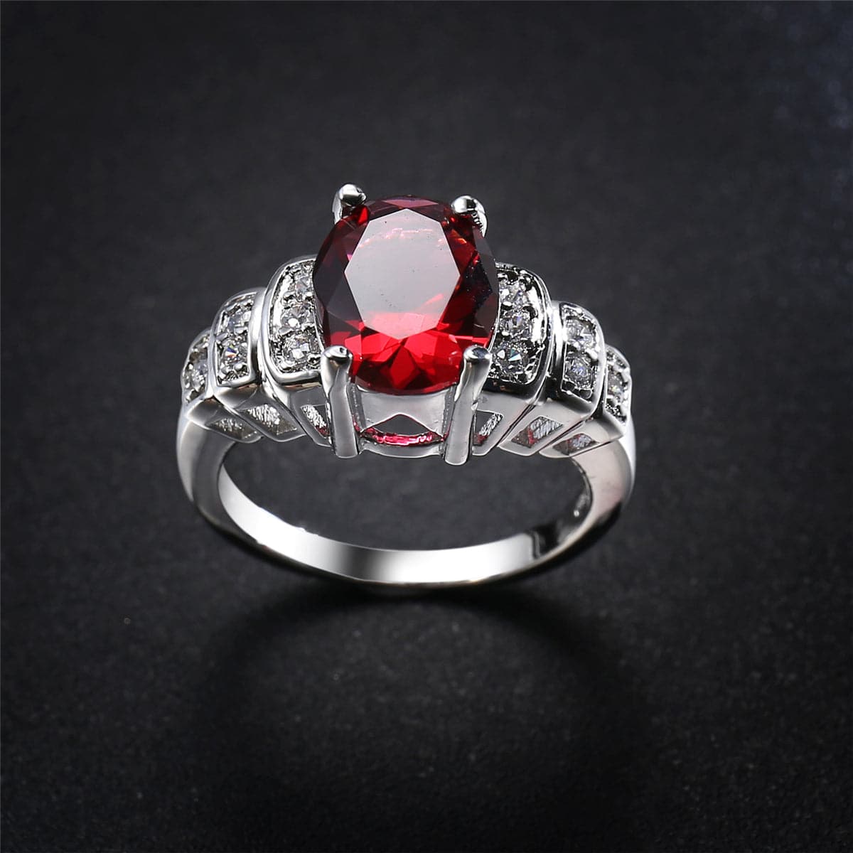 Red Corundum & Cubic Zirconia Oval Ring