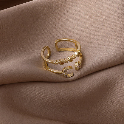 Cubic Zirconia and 18K Gold-Plated Celestial Openwork Bypass Ring, gold statement rings for women, side view