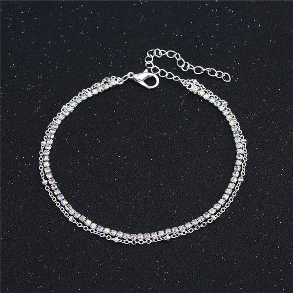 Cubic Zirconia & Fine Silver-Plated Chain Layered Anklet