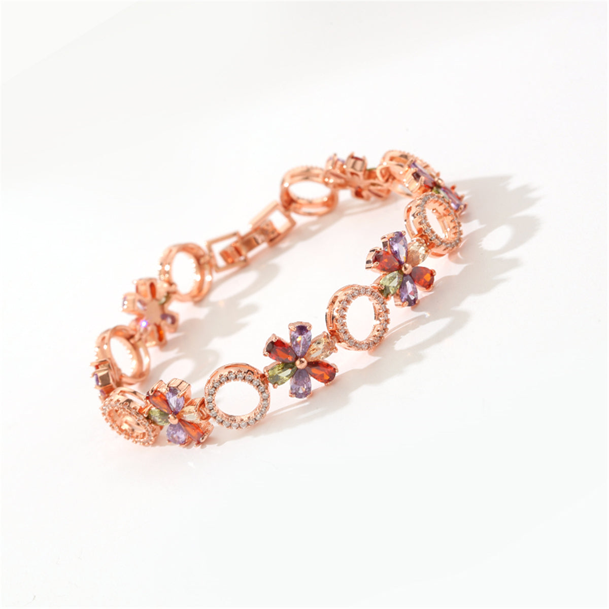 Red Crystal and Cubic Zirconia Flower-Link Bracelet, bracelet for women, elegant gift for her, detail close-up