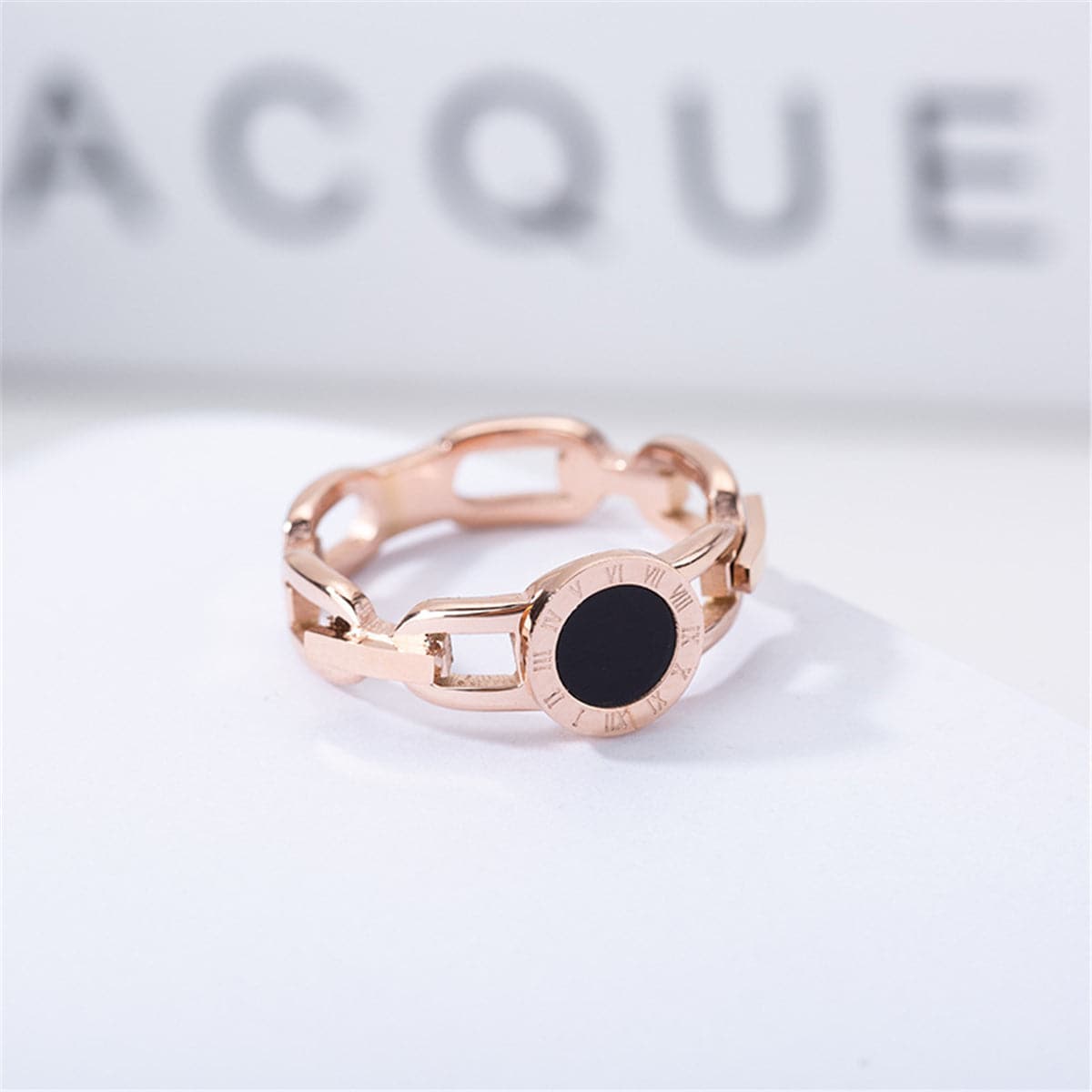 Black Shell & 18K Rose Gold-Plated Link Roman Numeral Ring