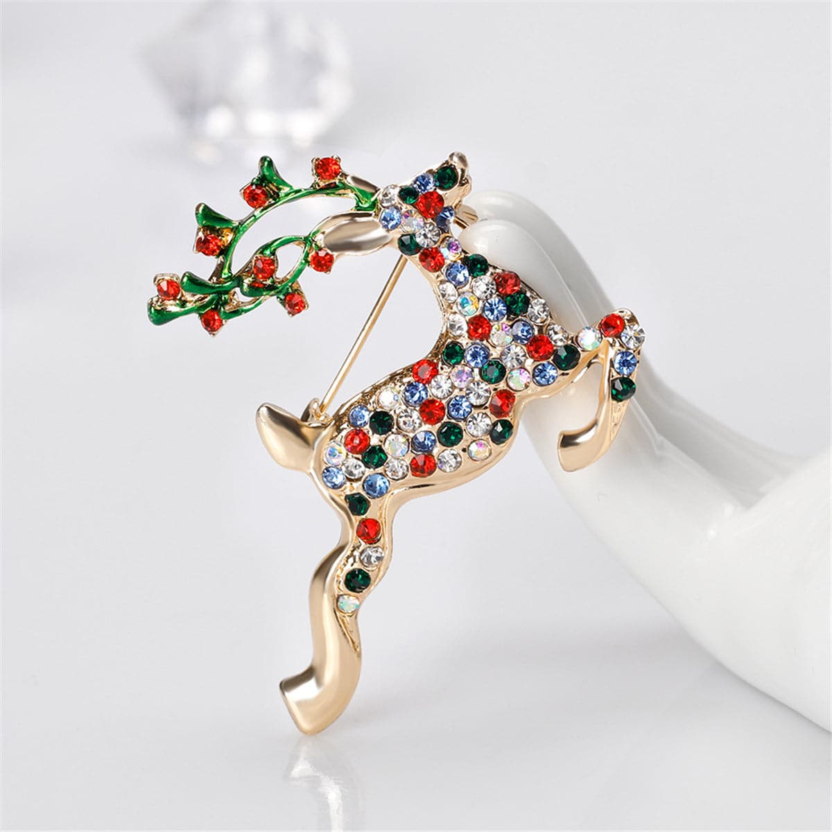 Cubic Zirconia & 18K Gold-Plated Jumping Reindeer Brooch