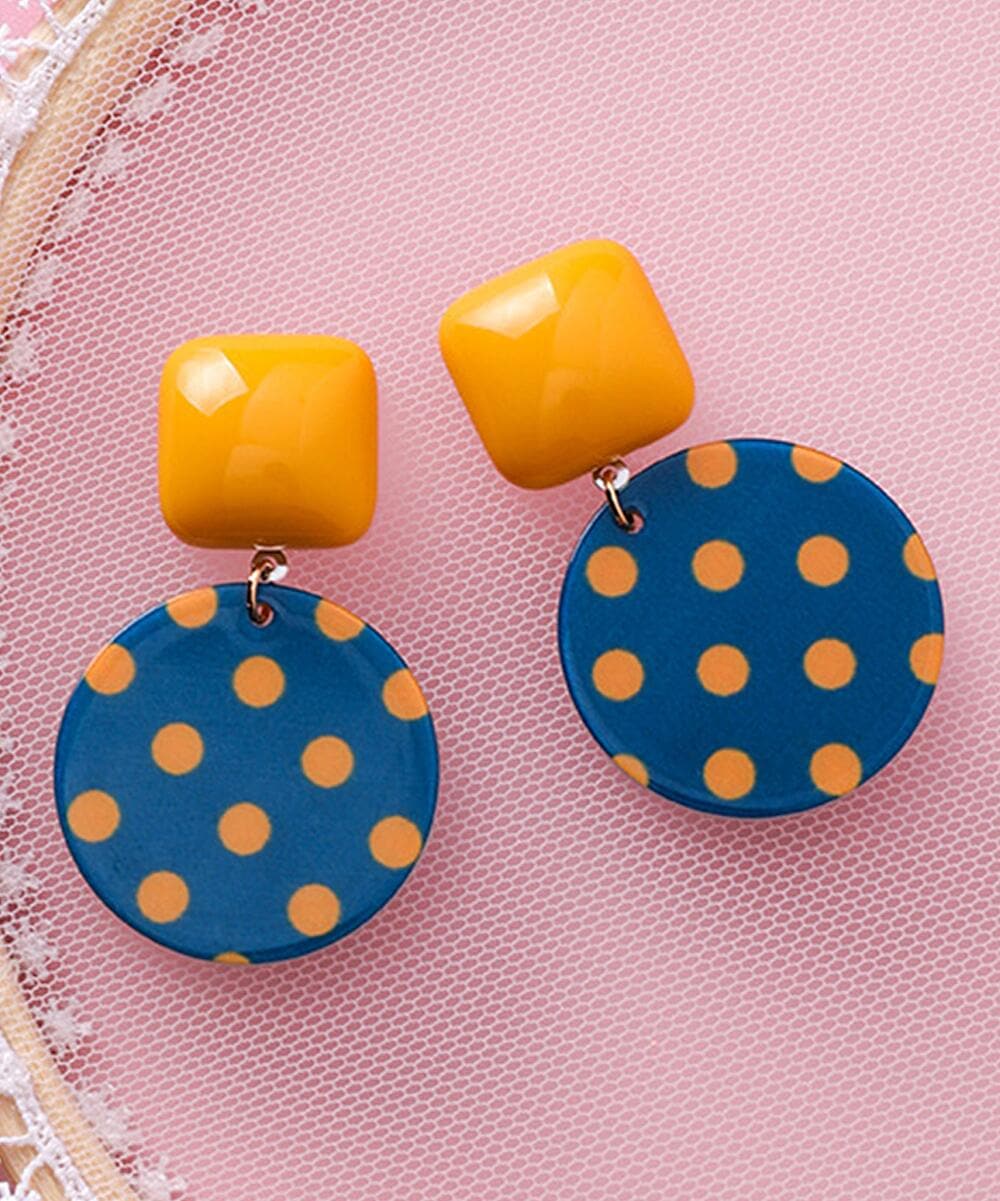 Blue and Orange Polka Dot Geometric Drop Earrings, drop earrings for women, dainty minimalist design, side view