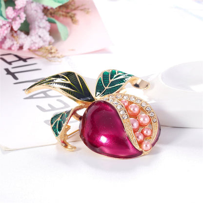 Clear Cubic Zirconia and Pearl Enamel 18K Gold-Plated Pomegranate Brooch, gold brooch pin, lifestyle look