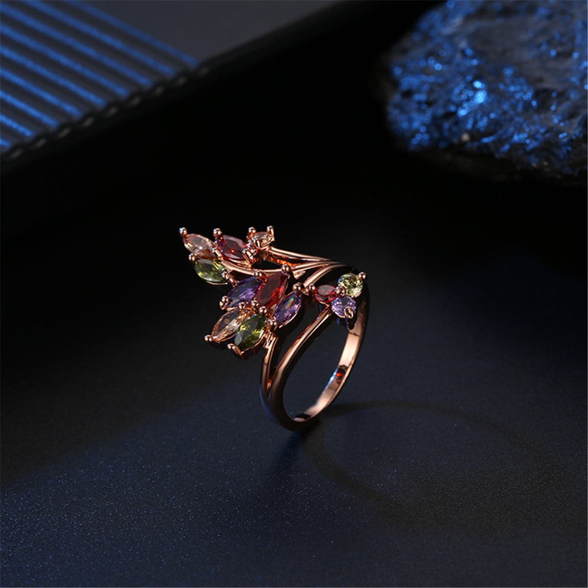 Jewel-Tone Cubic Zirconia & 18k Rose Gold-Plated Statement Ring - streetregion