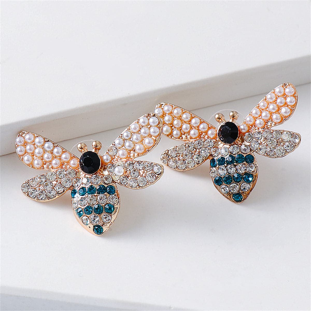 Blue Cubic Zirconia and Pearl 18K Gold-Plated Bee Stud Earrings, gold stud earrings for women, front view