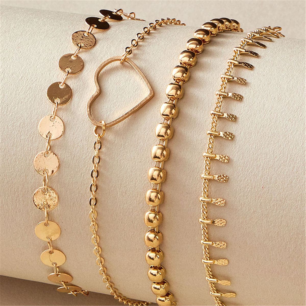 18K Gold-Plated Open Heart and Beaded Anklet Set, jewelry gift sets for women, elegant gift for her, side view