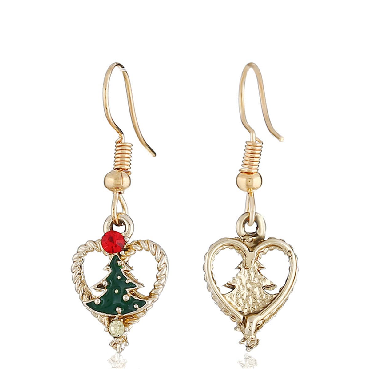 Red Cubic Zirconia and Green Enamel Openwork Heart Tree Drop Earrings, drop earrings for women, detail close-up